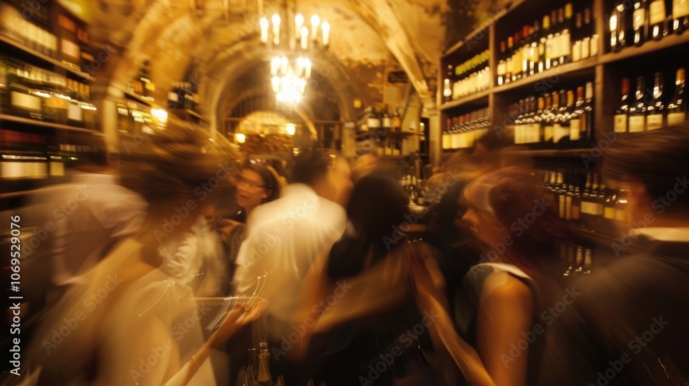 Poster blurry bottles and guests blur into one as they mingle in this enchanting wine cellar.