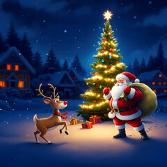 サンタクロースとトナカイとクリスマスツリーのイラスト