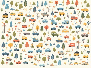 A colorful pattern featuring cars, trees, and nature elements, ideal for design projects.