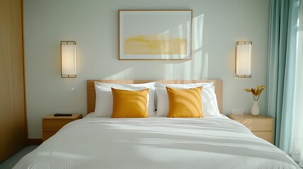 Clean white bedroom with a simple frame mockup on the wall above the bed, soft lighting enhances the cozy atmosphere, ideal for portrait or landscape art