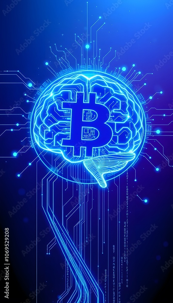 Poster futuristic 16-bit coin featuring a luminous brain design perfect for technology and science represen