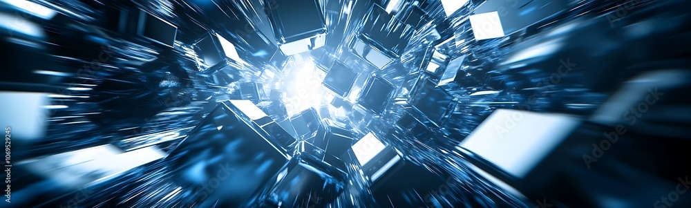 Poster a futuristic digital landscape filled with glowing, fragmented structures radiating light, suggestin