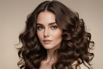 Naklejka premium Beautiful brunette model with long, curly hair poses in a studio, showcasing flawless makeup and radiant skin