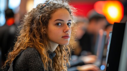 Fototapeta premium Young Woman at Collaborative Hackathon Event