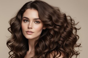 Naklejka premium Beautiful brunette model with long, curly hair poses in a studio, showcasing flawless makeup and radiant skin