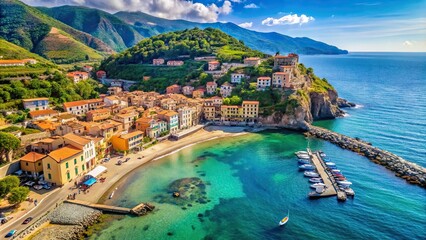 Fototapeta premium Aerial view of Framura, a picturesque sea village in Italy with a natural harbor and beach , Europe, Italy