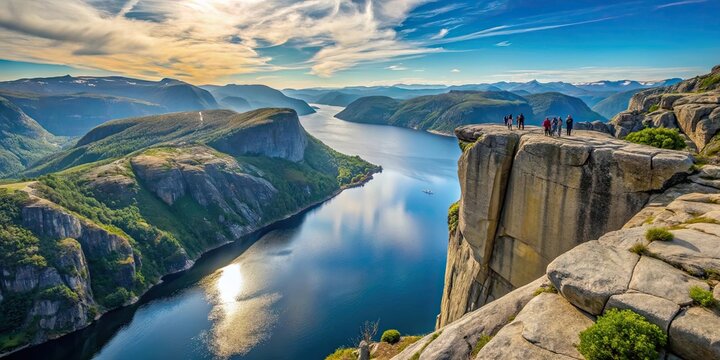 Breathtaking view of the iconic Preikestolen rock formation in Norway , Preikestolen, pulpit rock, Norway, breathtaking