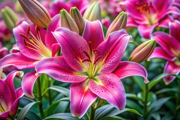 Pink hybrid lilies, botanical art, rule of thirds, floral.