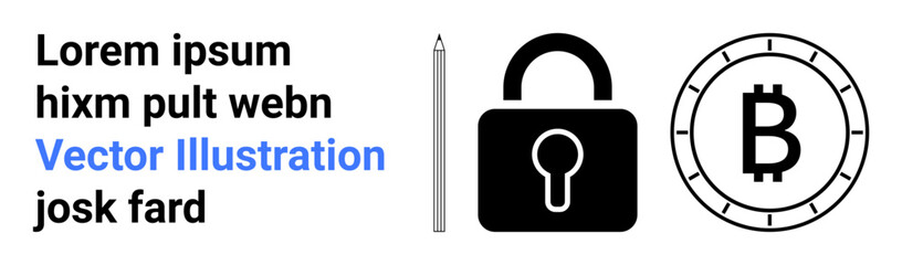 Pencil, lock, and Bitcoin coin symbols beside placeholder text. Ideal for digital security, cryptocurrency, fintech, blockchain, data protection, online transactions, educational materials. Landing