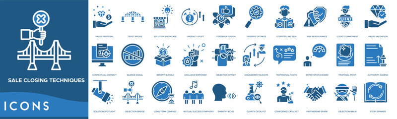 Sale Closing Techniques icon. Value Proposal, Trust Bridge, Solution Showcase, Urgency Uplift, Feedback Fusion, Observe Optimize and Storytelling Seal