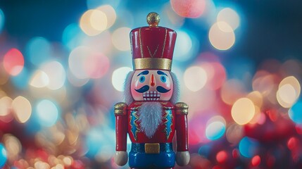 Whimsical Nutcracker Figurine Surrounded by Blurry Background, Perfect for Festive Product Display