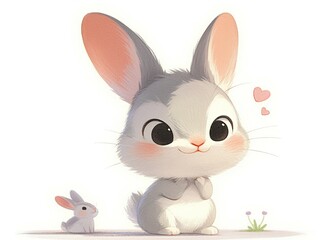 Obraz premium A cute, cartoon-style rabbit with large ears and a small companion, expressing joy and affection.