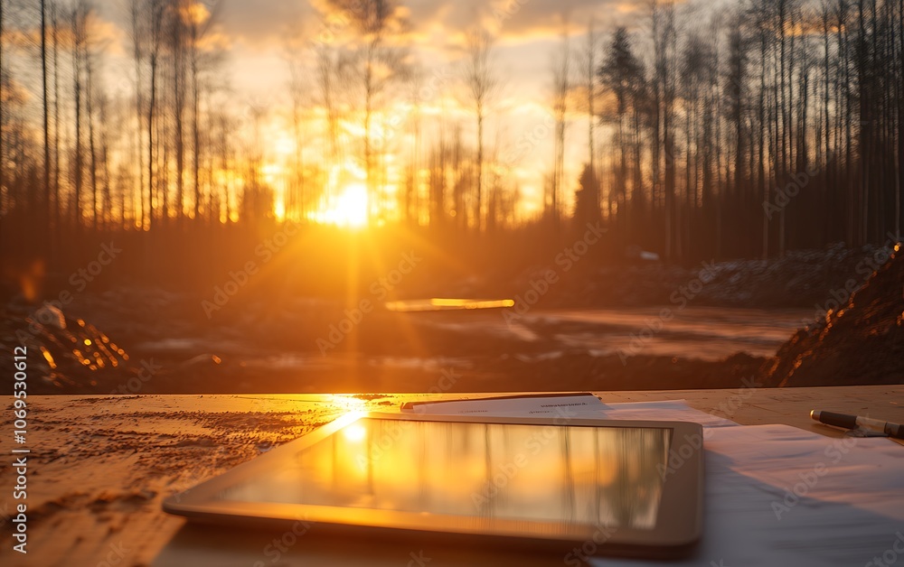Aufkleber A serene sunset scene with a tablet resting on a table, surrounded by trees and a calm atmosphere, capturing a moment of reflection and tranquility.