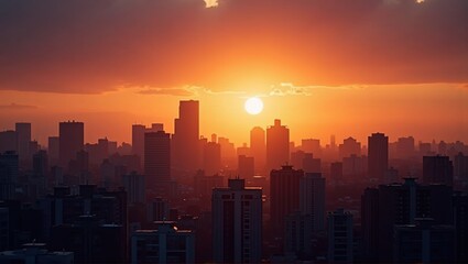 Fototapeta premium Sunset over city skyline with silhouetted buildings under orange sky. Peaceful, urban, end of day. Generative, AI.