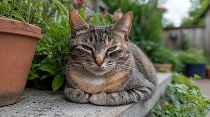 Calm cat relaxing among lush garden plants in a serene outdoor setting
