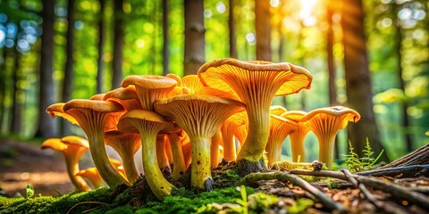 Sun-drenched forest floor, golden chanterelles bloom, depth of field sharpens their beauty.