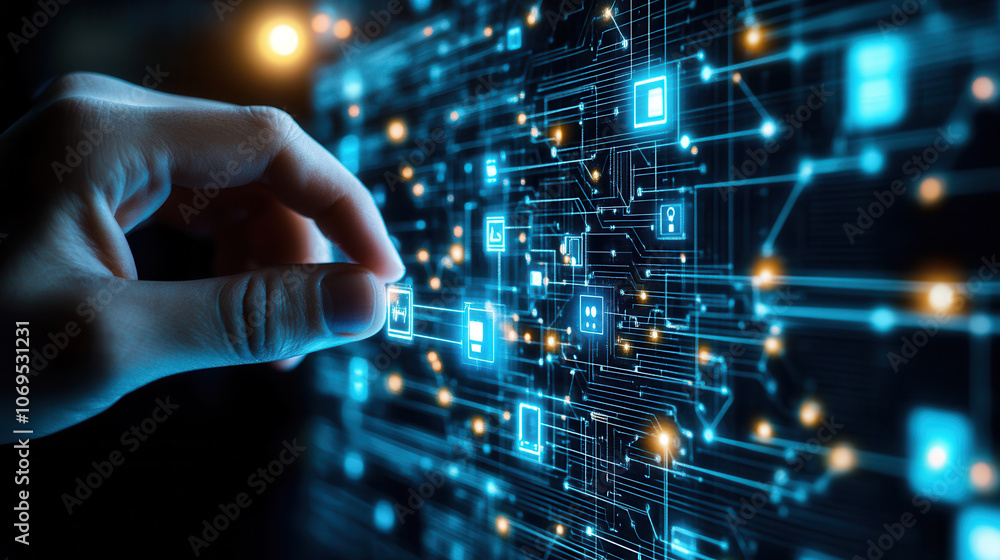 Poster hand interacting with digital technology interface, showcasing diverse data connections and glowing 