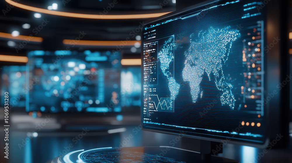 Poster digital technology driven art installation featuring glowing world maps and data visualizations on s