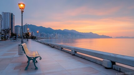 Obraz premium Experience tranquility as the sun sets over the serene waterfront and city skyline