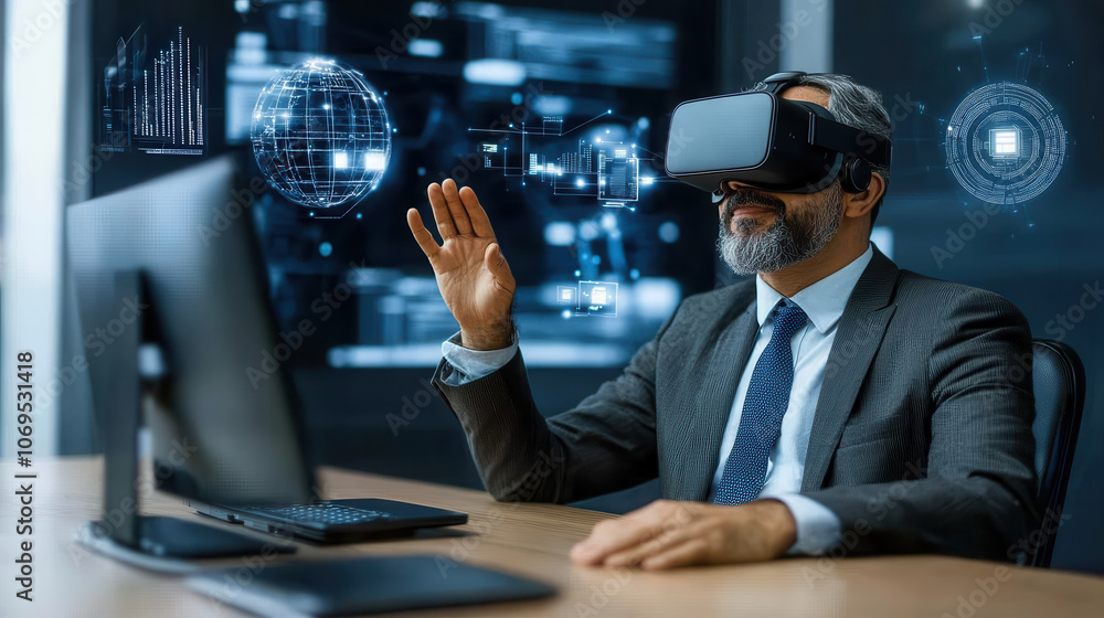 Poster businessman using virtual reality technology in office setting, engaging with digital interfaces and
