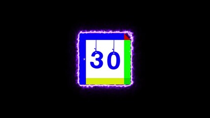Neon Glow Sign: Calendar Page Icon Animation with '30' Date in 4K – Modern Countdown Visual for Time Tracking, Scheduling, and Event Planning.