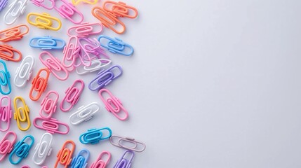 Colorful paperclips scattered on white background, vibrant stationery design, office organization, creative workspace tools, minimal flat lay, bold and playful concept

