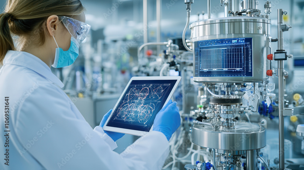 Poster factory worker utilizes tablet to oversee production processes in laboratory setting, showcasing adv