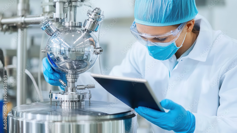 Poster factory worker utilizes tablet to oversee production in laboratory setting, ensuring precision and s