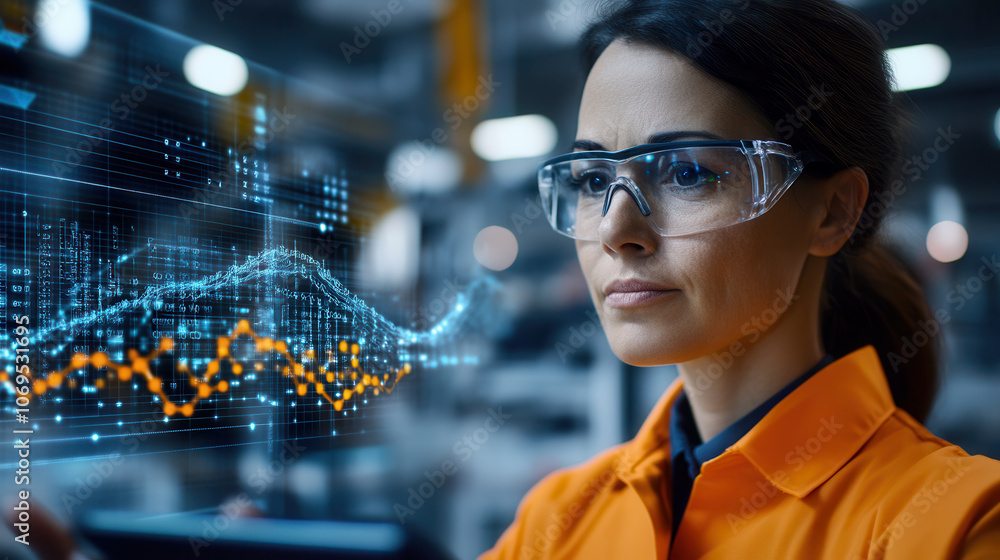 Poster factory worker utilizes tablet to oversee production data, showcasing advanced technology and analyt