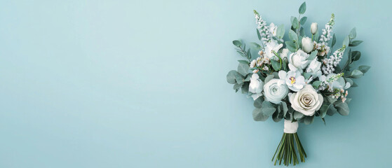 A soft, elegant bouquet featuring white and light blue flowers against a serene mint green background, perfect for weddings and special occasions.