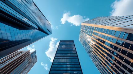 Explore the intricate beauty of modern skyscrapers against a clear blue sky
