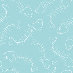 organic garbage seamless pattern, namely the spine of eaten fish, drawn in outline, on a blue background, to fight against environmental pollution day