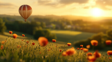 Obraz premium field of poppy flowers with hot air balloon floating above, capturing serene sunset atmosphere. vibrant colors of flowers contrast beautifully with warm hues of sky