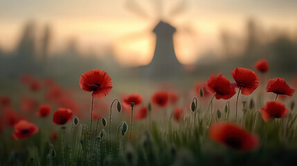 Obraz premium field of vibrant red poppy flowers swaying gently in breeze, with rustic windmill in background, creating serene and picturesque landscape at sunset