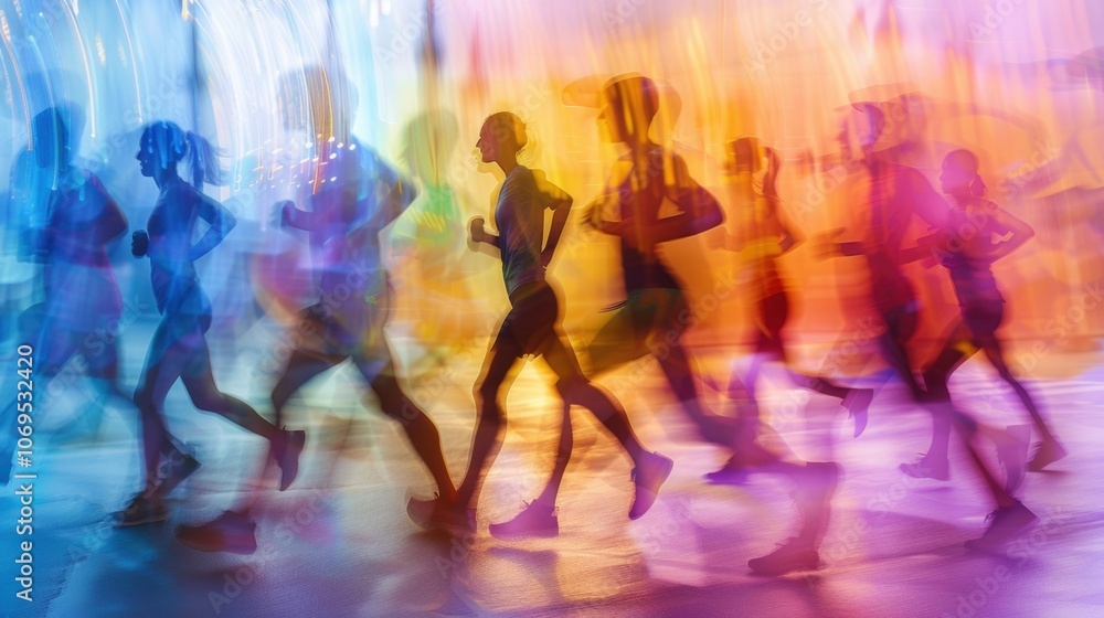 Poster the fuzzy outlines of runners working on their flexibility and strength before setting off on a jog.