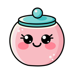 Cute jam sugar jar kawaii. Pink with blue lid, cover sugar bowl. Kitchenware sugar bowl, jar flat icon. Cartoon vector illustration of cookie jar on white isolated background