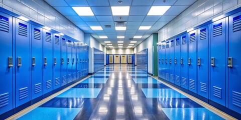 Fototapeta premium A brightly lit hallway lined with rows of blue lockers, the checkered floor reflects the overhead lights, creating an endless perspective of order and anticipation.