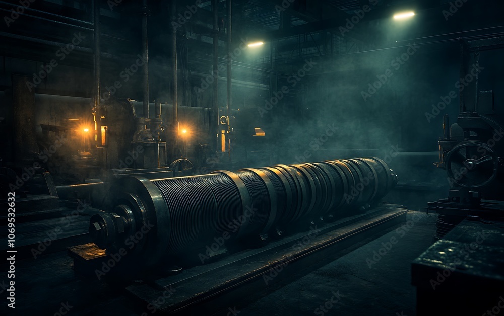 Poster A dimly lit industrial scene showcases large machinery surrounded by mist, with illuminated gears and metal parts creating a mysterious atmosphere.