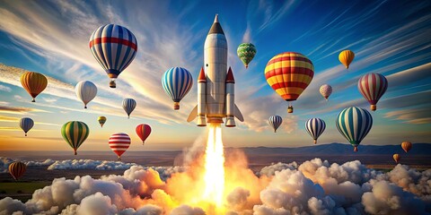 Obraz premium A powerful rocket ascends through the sky, leaving a trail of fiery exhaust, amidst a field of colorful hot air balloons, symbolizing the pursuit of innovation and progress.