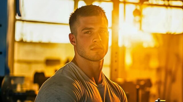 Young Caucasian male in gym focuses intently, bathed in soft golden sunset light. His casual attire and stern expression suggest determination and resilience.