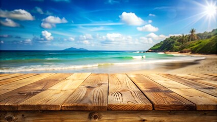 A Wooden Platform Overlooking a Serene Coastal Landscape with a Clear Blue Sky and Gentle Waves