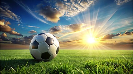 A Lone Soccer Ball Resting on a Lush Green Field Under a Vibrant Sunset Sky