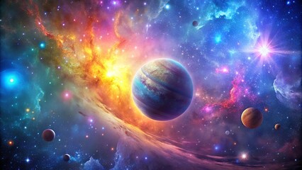 Celestial Tapestry of Cosmic Wonder, Where Stars Dance in a Symphony of Color and Planets Wander Amidst Nebulous Swirls