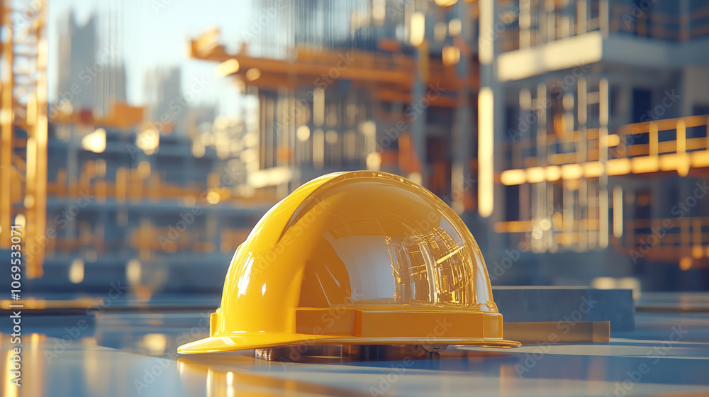 Poster yellow hard hat rests on construction site, symbolizing safety and diligence in building projects. b