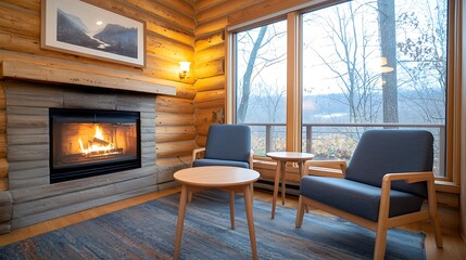 Fototapeta premium Cozy living room with fireplace creates inviting atmosphere for relaxation and comfort