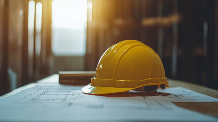yellow hard hat rests on blueprints in workspace, symbolizing construction and planning. warm light enhances focus on safety gear and architectural plans
