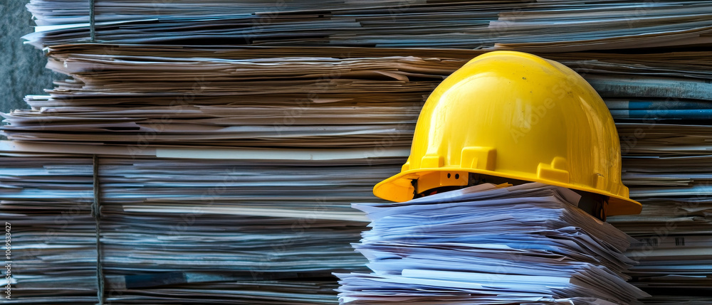 Poster yellow hard hat rests on stack of project documents, symbolizing safety and construction. scene conv