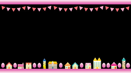 シンプルな街並みのイラスト　枠　背景 　春