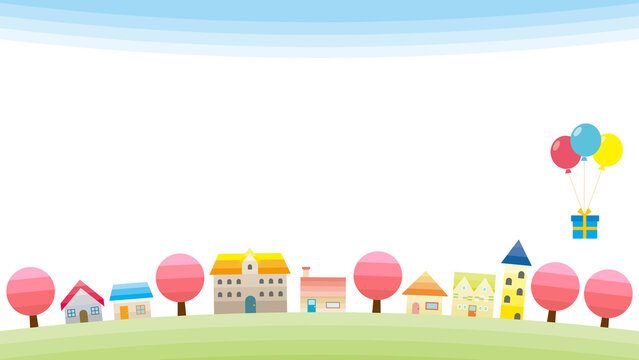 シンプルな街並みのイラスト　枠　背景 　春