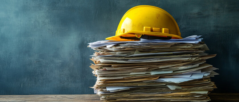 yellow hard hat rests on stack of project documents, symbolizing construction and planning. scene conveys sense of organization and readiness for work